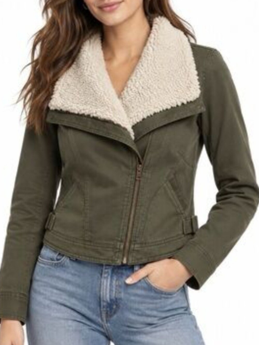 ANTHROPOLOGIE | MERRAKECH Favarel Army Green Utility Moto Jacket Sherpa Collar M